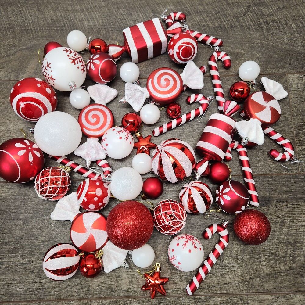 Lot Of 50 Red And White Shatterproof Christmas Ornaments Varying Sizes